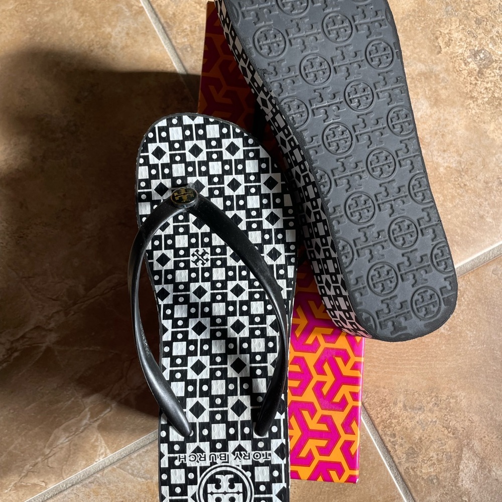 Tory Burch Black and White Flip Flops - Picture 3 of 3
